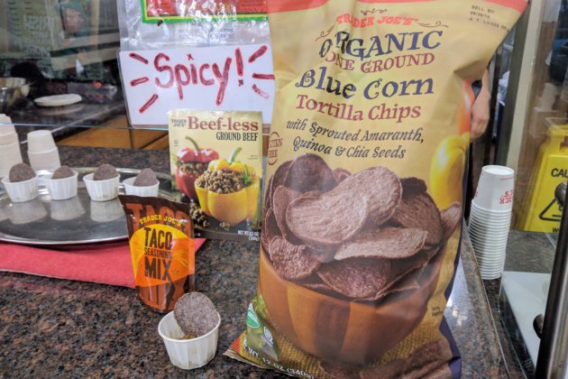 <img src=”Trader Joe's Beef-less.jpg” alt=”Taco Mix Flavored Beef-Less Ground Beef with Blue Corn Tortilla Chips”/>